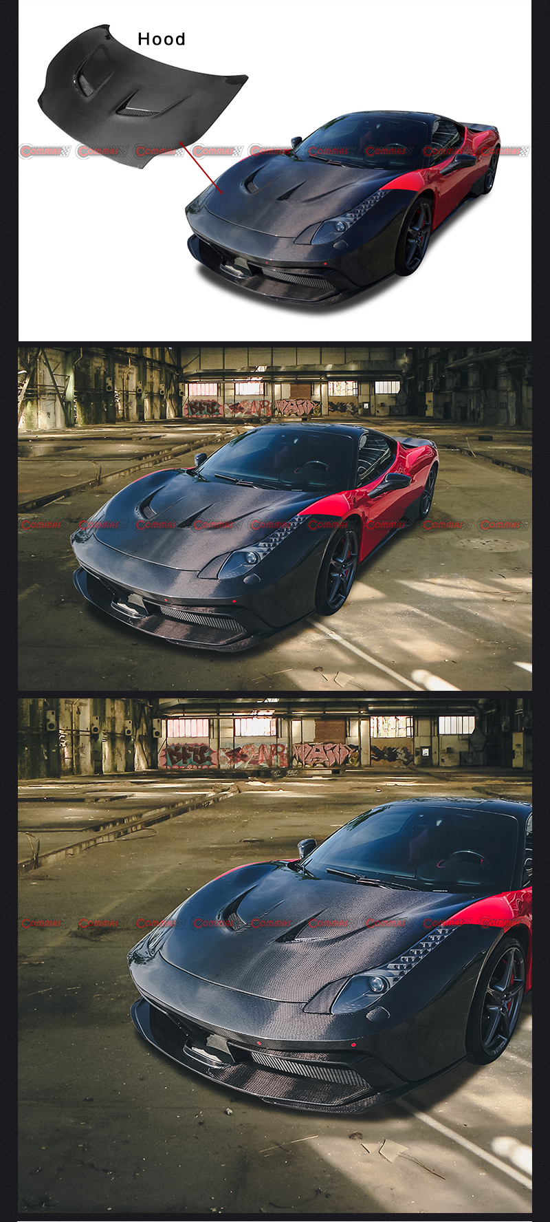 Ferrari 458 Motorhaube mit schwarzen Segeln